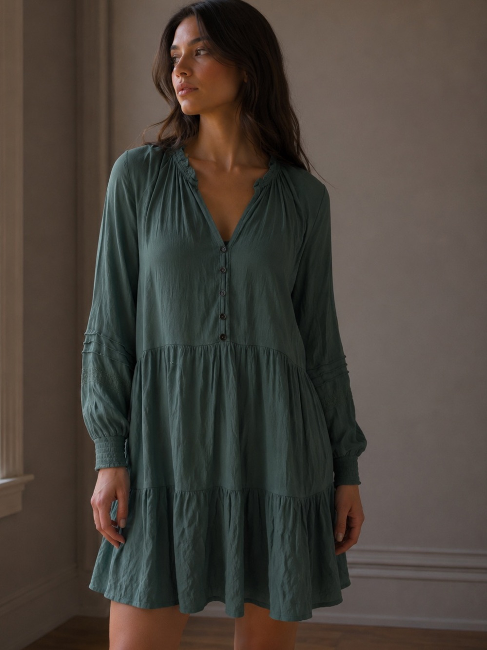 Knox Rose Green Ruffle Layered Pockets Lined Peasant Boho Dress Size Small
